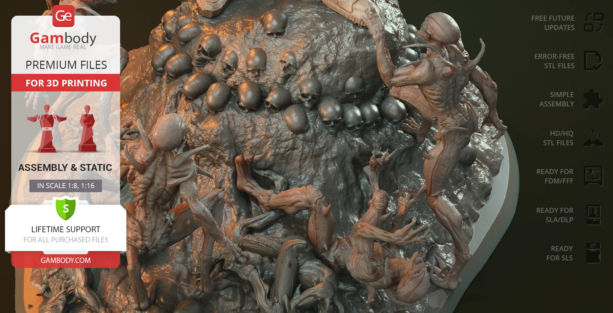 Diorama of Doom Slayer battling Imps on rocky terrain with skulls and demonic figures.