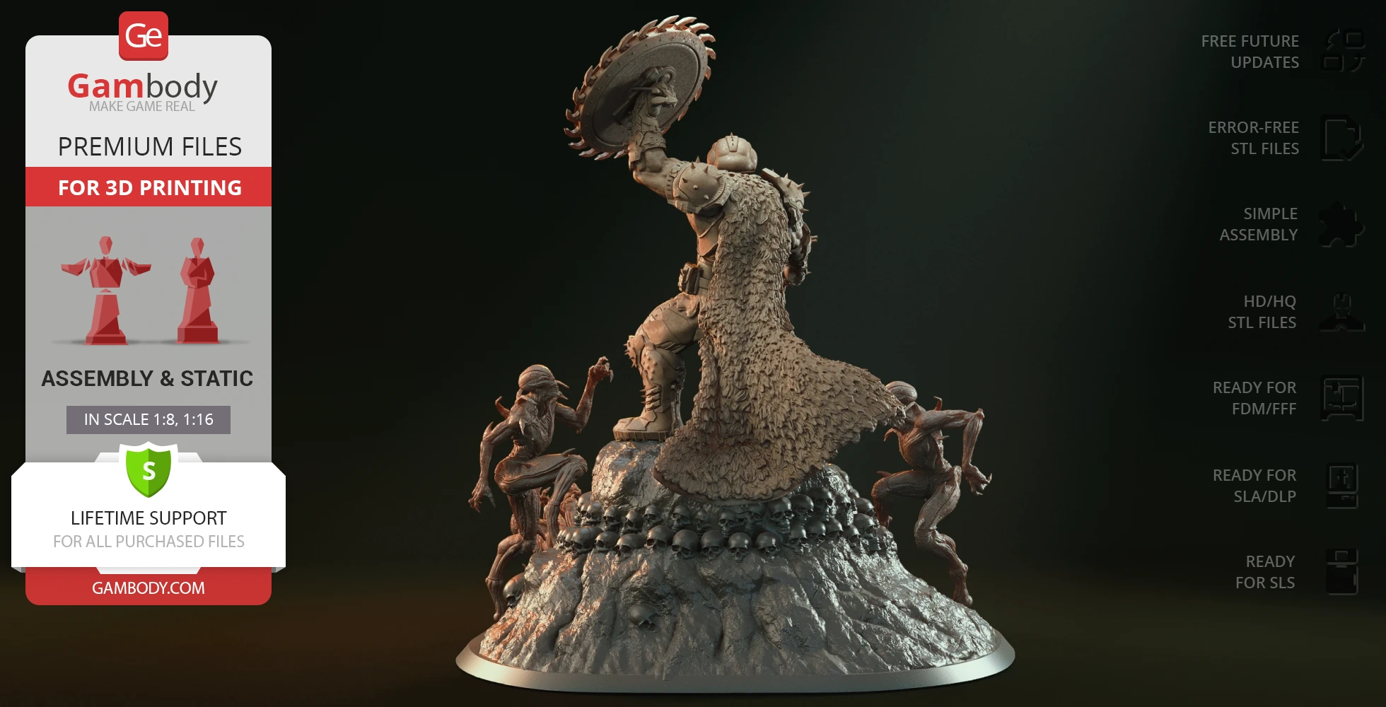 A dynamic diorama of a warrior with a circular saw shield battling three demonic creatures on a rocky base adorned with skulls.