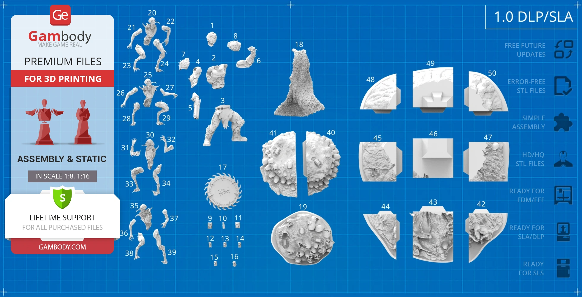 Doom Slayer and Imps diorama parts for 3D printing, including figures, base, and terrain elements.