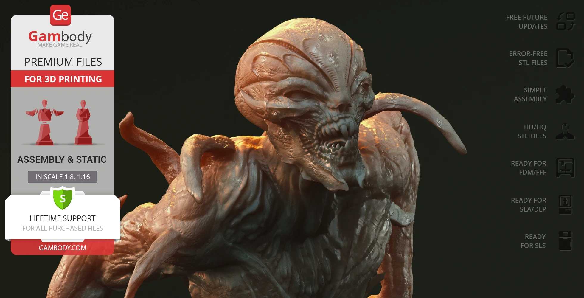 A grotesque alien creature with a distorted face and tentacle-like appendages, shown in a 3D model for printing.