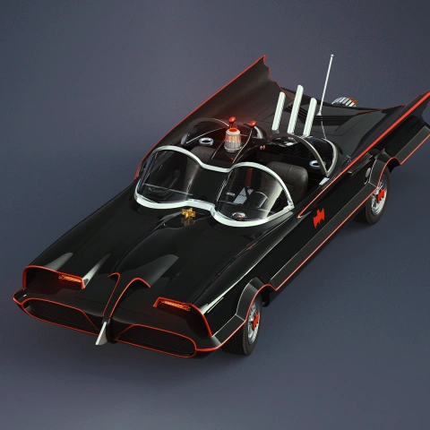 Classic Batmobile 3D model in black with red accents, featuring unique fins and domed windshields.