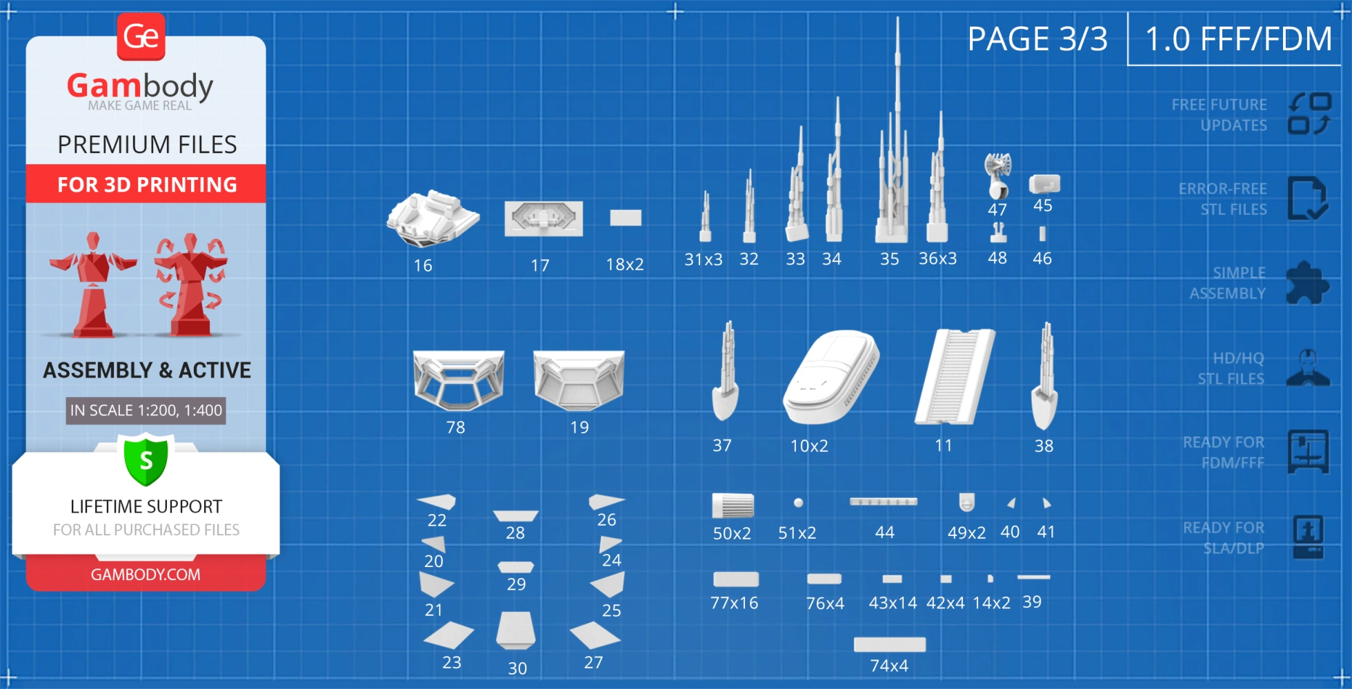 Blueprint of USCSS Prometheus 3D model parts for printing, with various numbered components displayed.