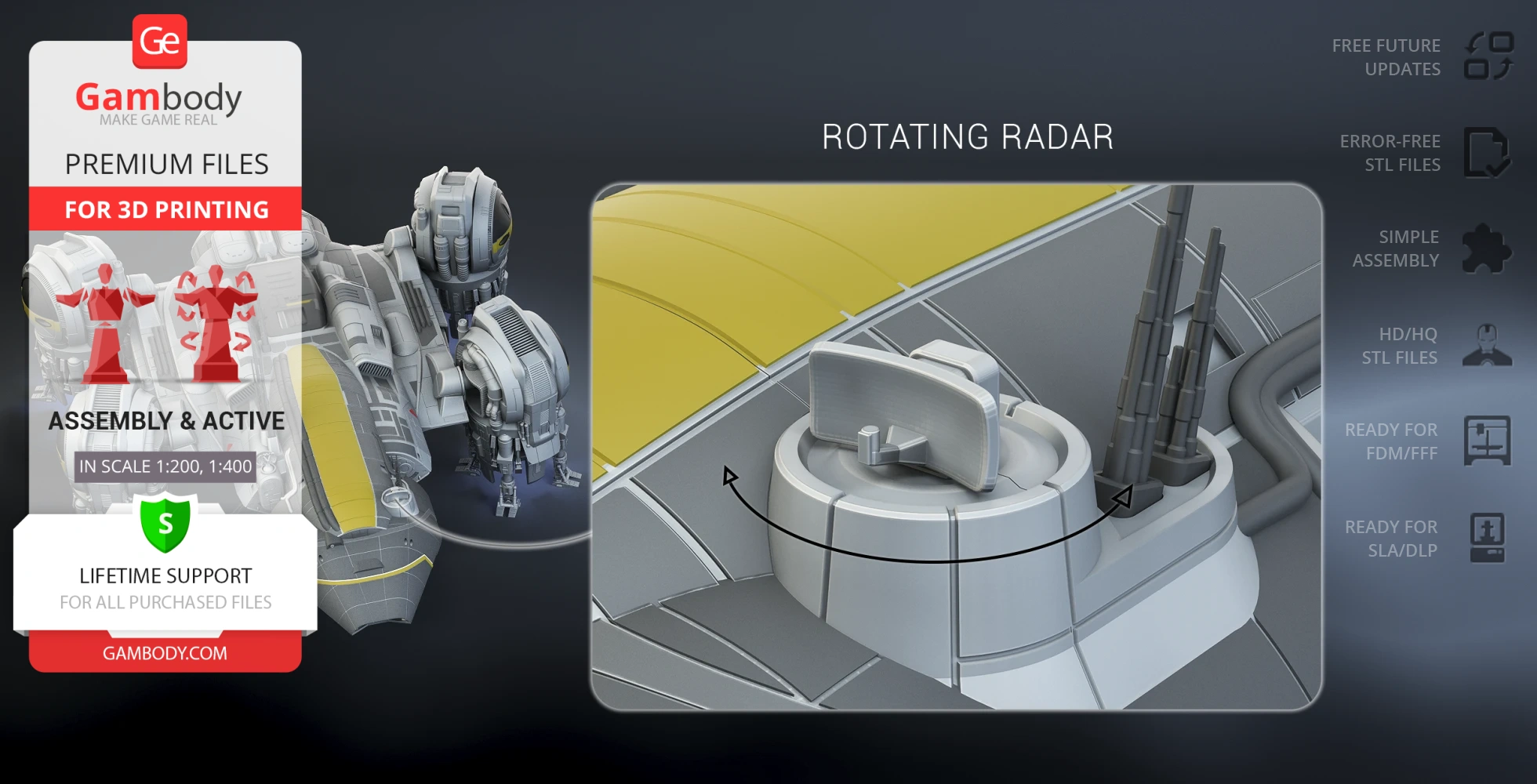 3D model of USCSS Prometheus with rotating radar detail for 3D printing. Features simple assembly.