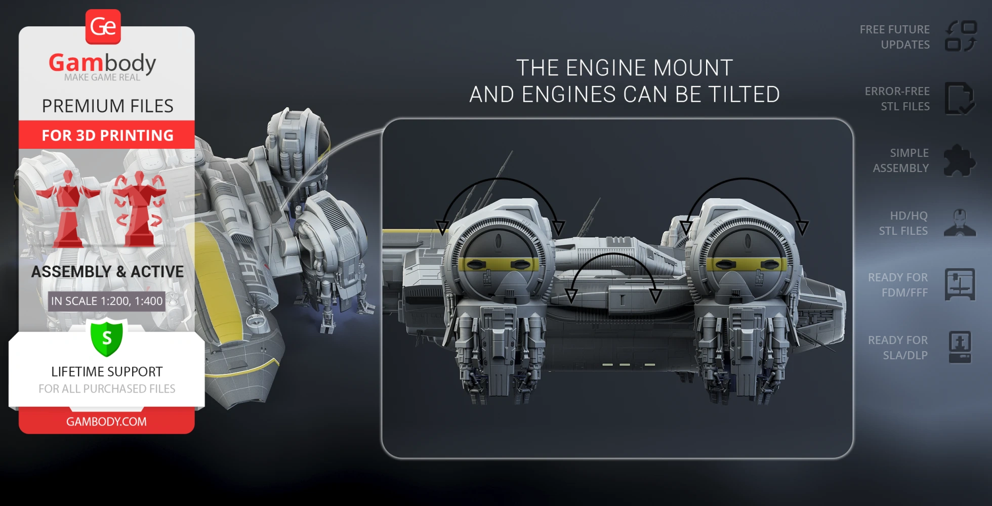 3D model of the USCSS Prometheus spacecraft, showing engine mount tilt features for 3D printing.