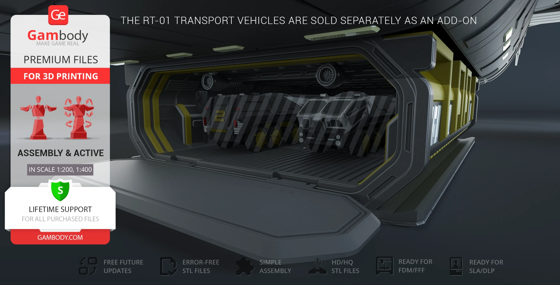 3D model of a futuristic spaceship hangar with vehicles, designed for 3D printing.