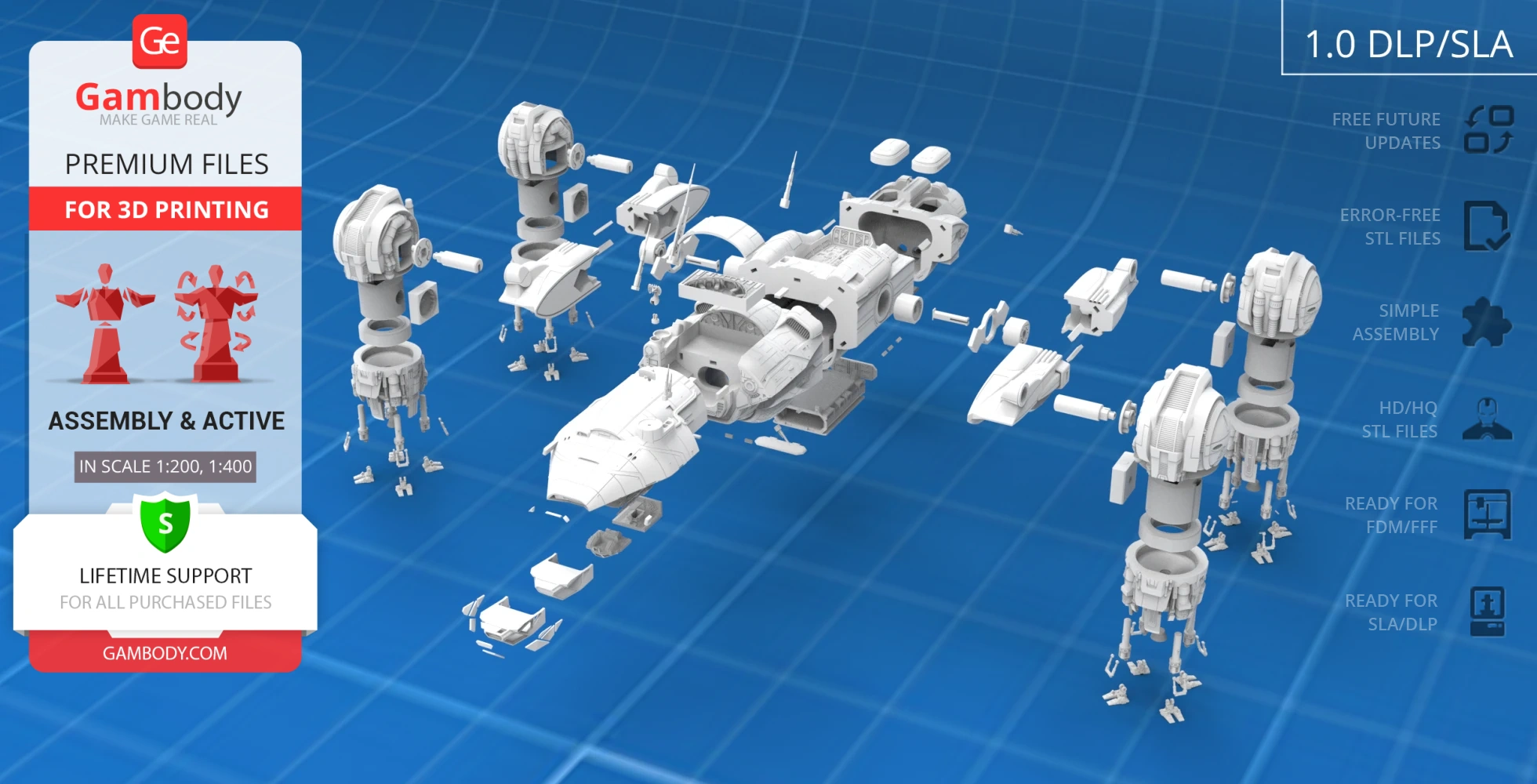 Assembly parts of the USCSS Prometheus spaceship for 3D printing displayed on a blue grid background.