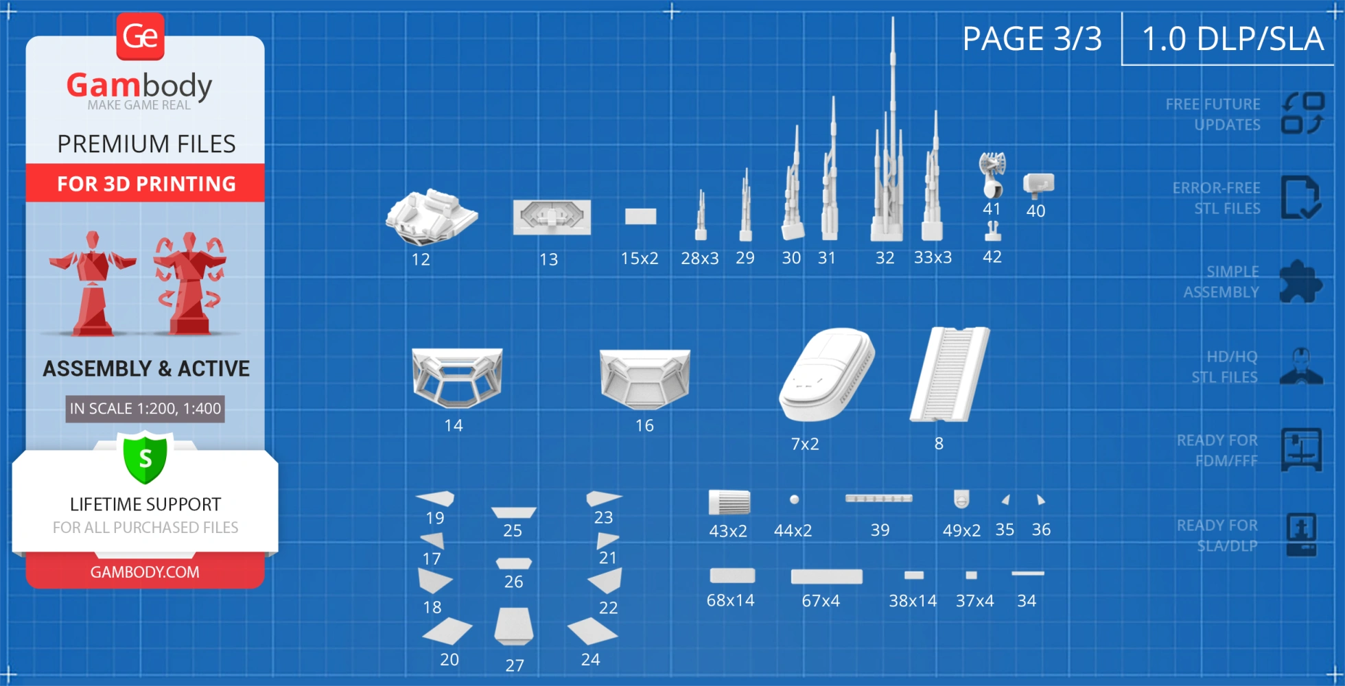 3D printing blueprint with labeled parts for assembling the USCSS Prometheus model.