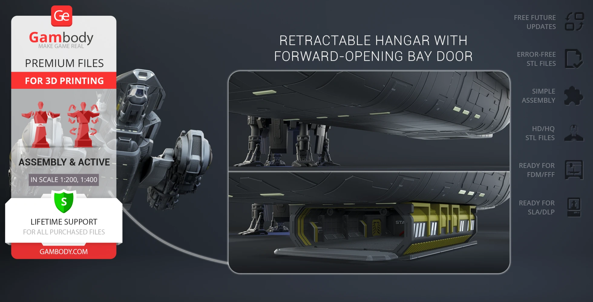 3D model of USCSS Prometheus with retractable hangar and forward-opening bay door for printing on Gambody.