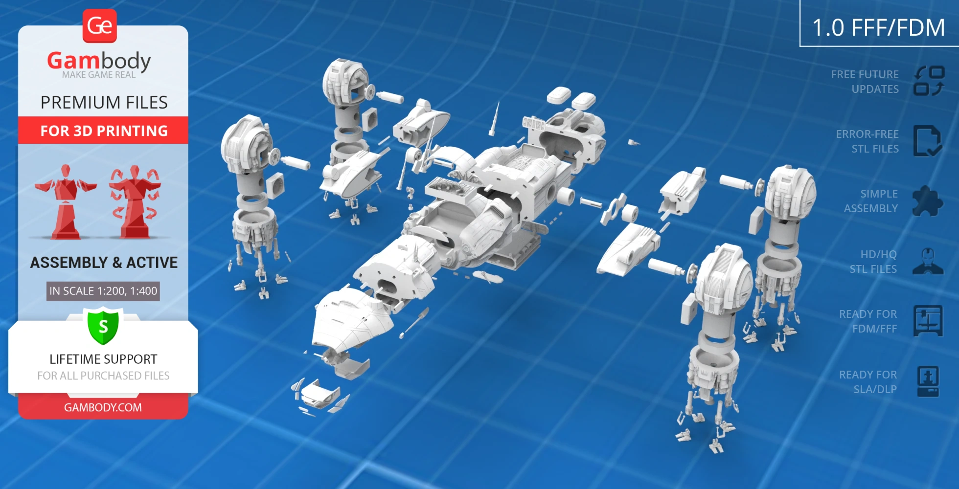 Exploded view of the USCSS Prometheus 3D model parts on a blueprint background.