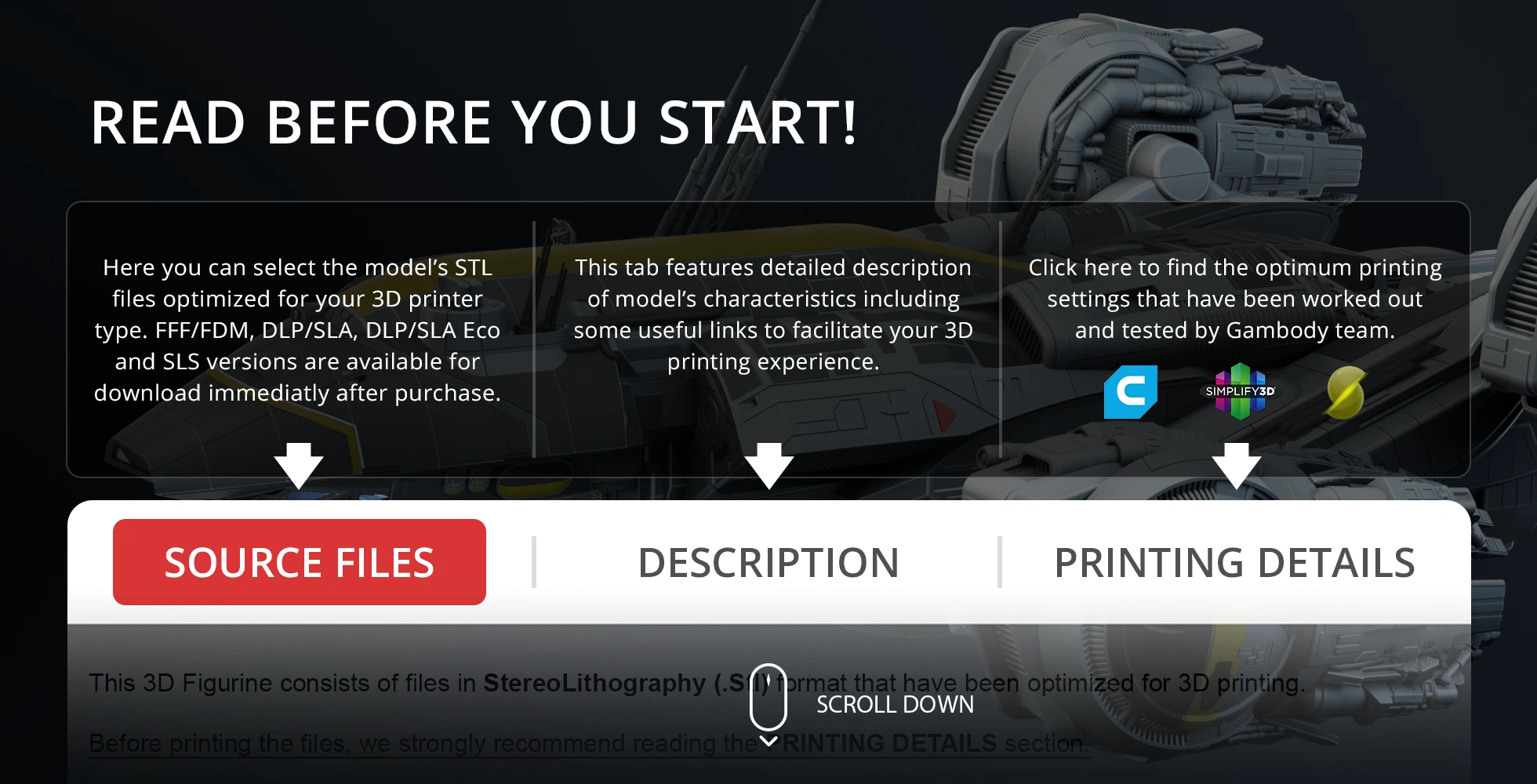 Information on selecting 3D printing STL files and settings for USCSS Prometheus model by Gambody.