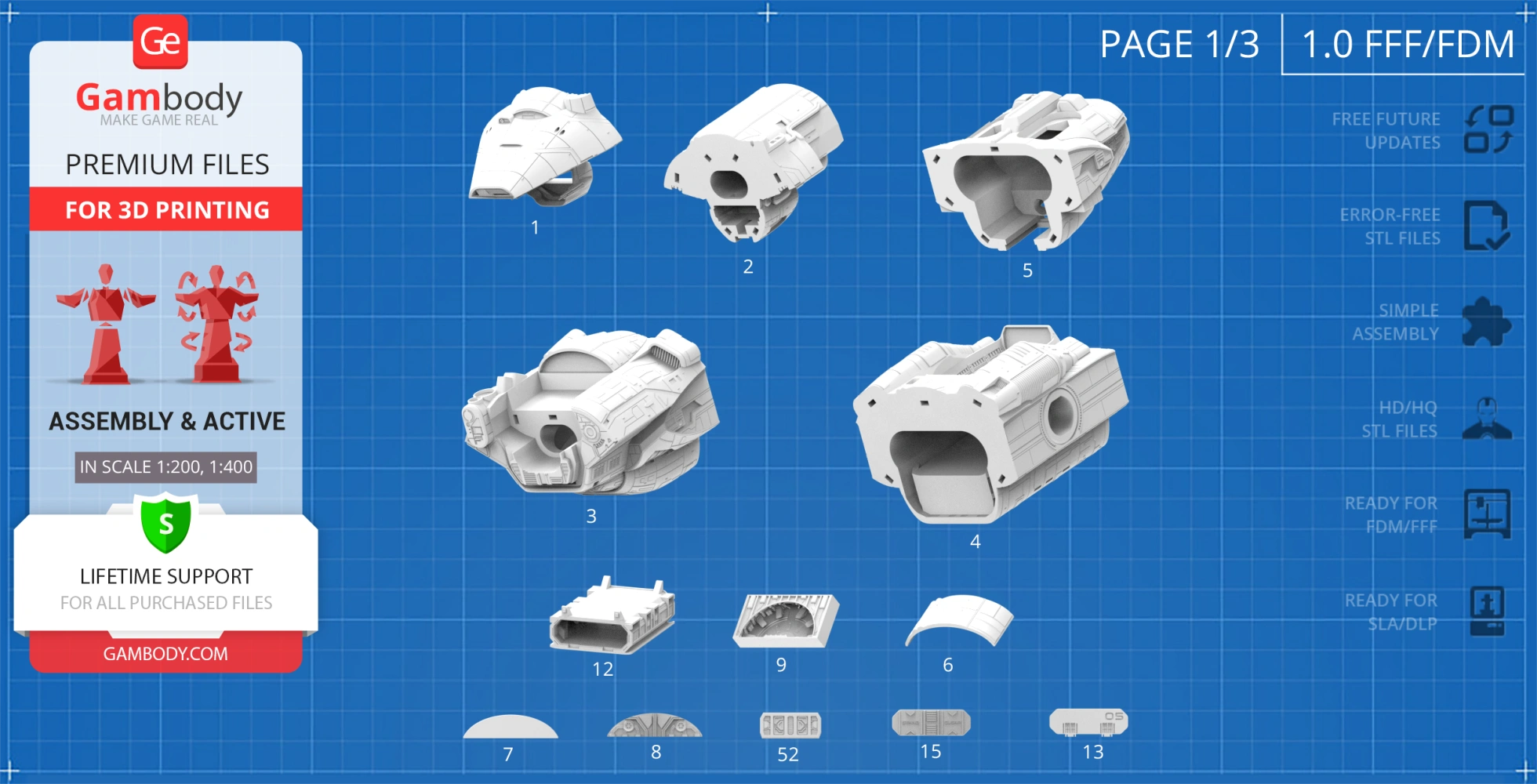 Blueprint-style layout showing numbered 3D printable parts of the USCSS Prometheus from Gambody.