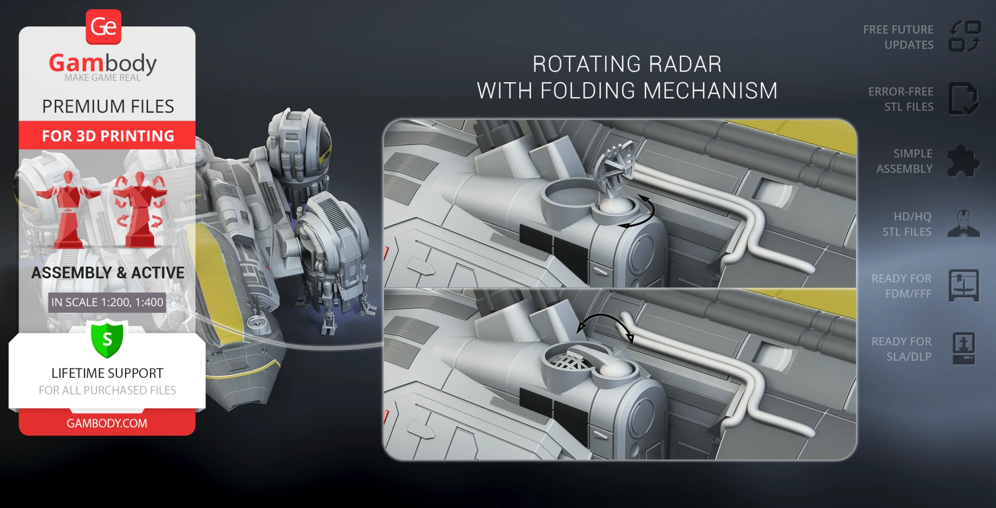 3D model of USCSS Prometheus ship with rotating radar details, for 3D printing.