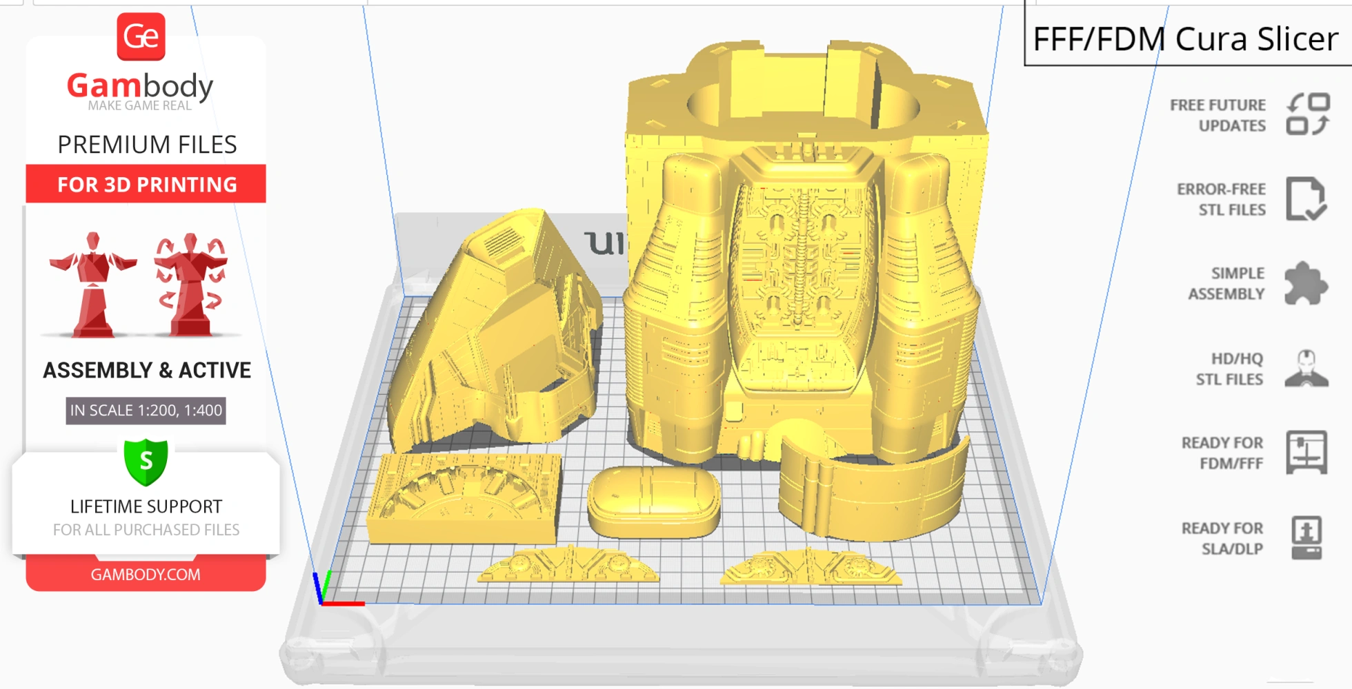 3D printed parts of the USCSS Prometheus spaceship, displayed in a slicing software.