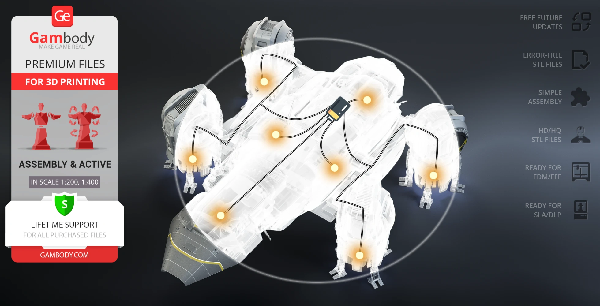 3D model of the USCSS Prometheus spacecraft with assembly points highlighted, offered by Gambody for printing.