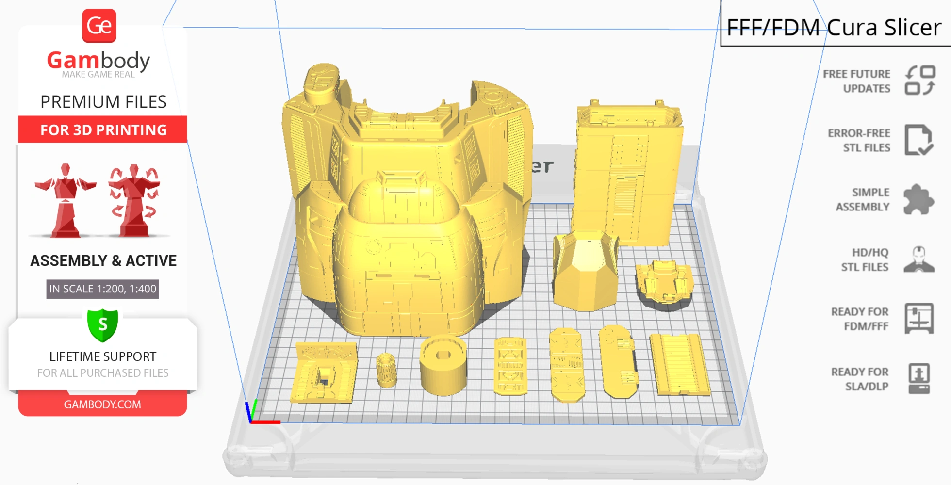 USCSS Prometheus 3D model parts displayed on a grid for printing, featuring detailed ship components.