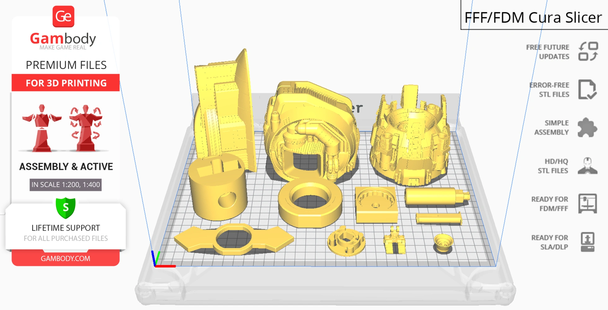 3D model parts of USCSS Prometheus on a virtual grid for 3D printing, displayed in yellow.