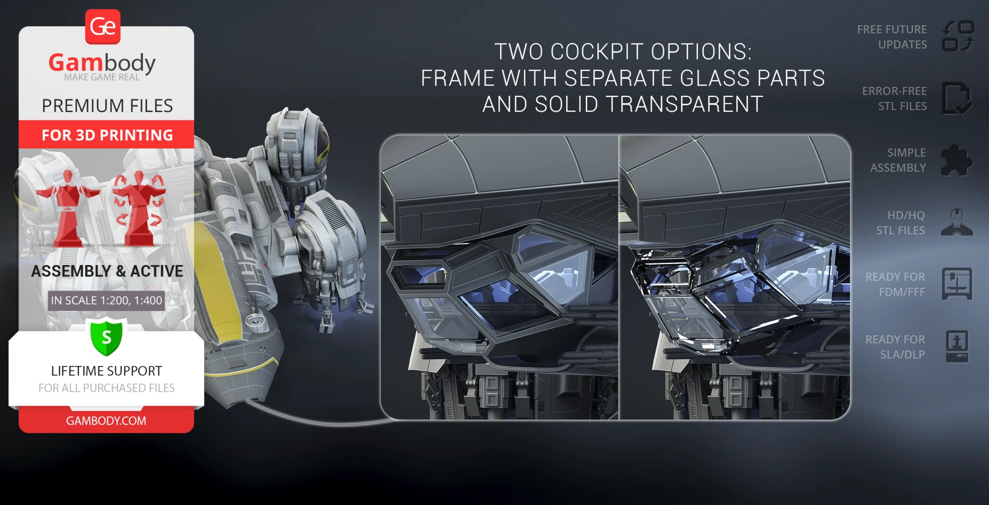 3D model of the USCSS Prometheus cockpit with two transparent glass options for 3D printing.