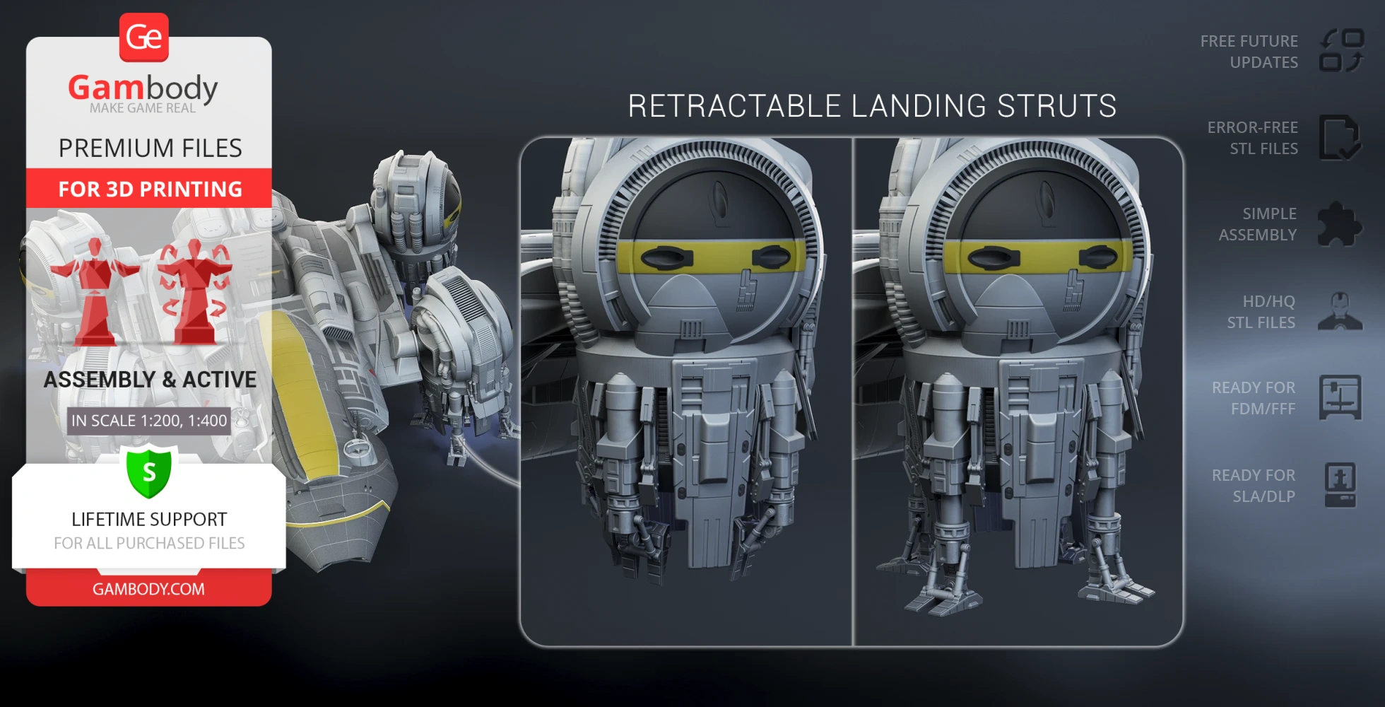 Detailed 3D model of the USCSS Prometheus spaceship with retractable landing struts for 3D printing.