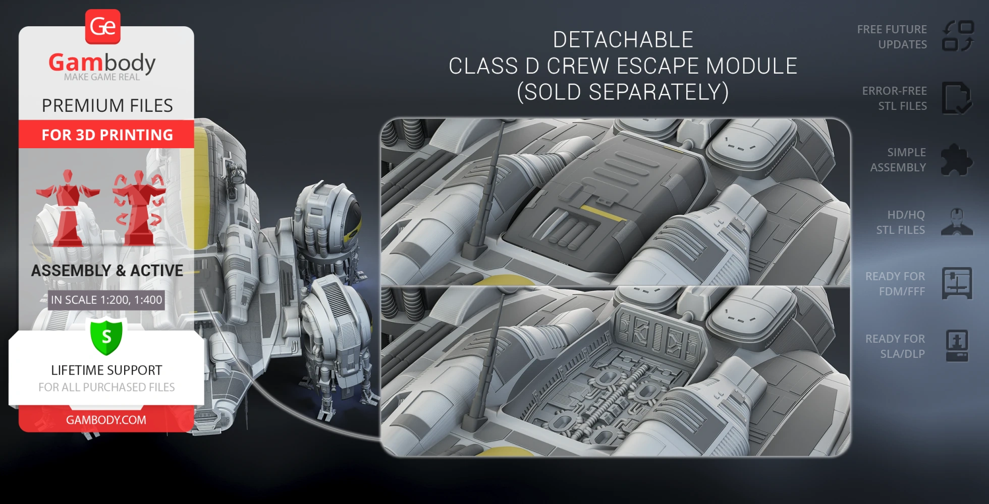 3D model of USCSS Prometheus with detachable crew escape module for printing, features detailed assembly.