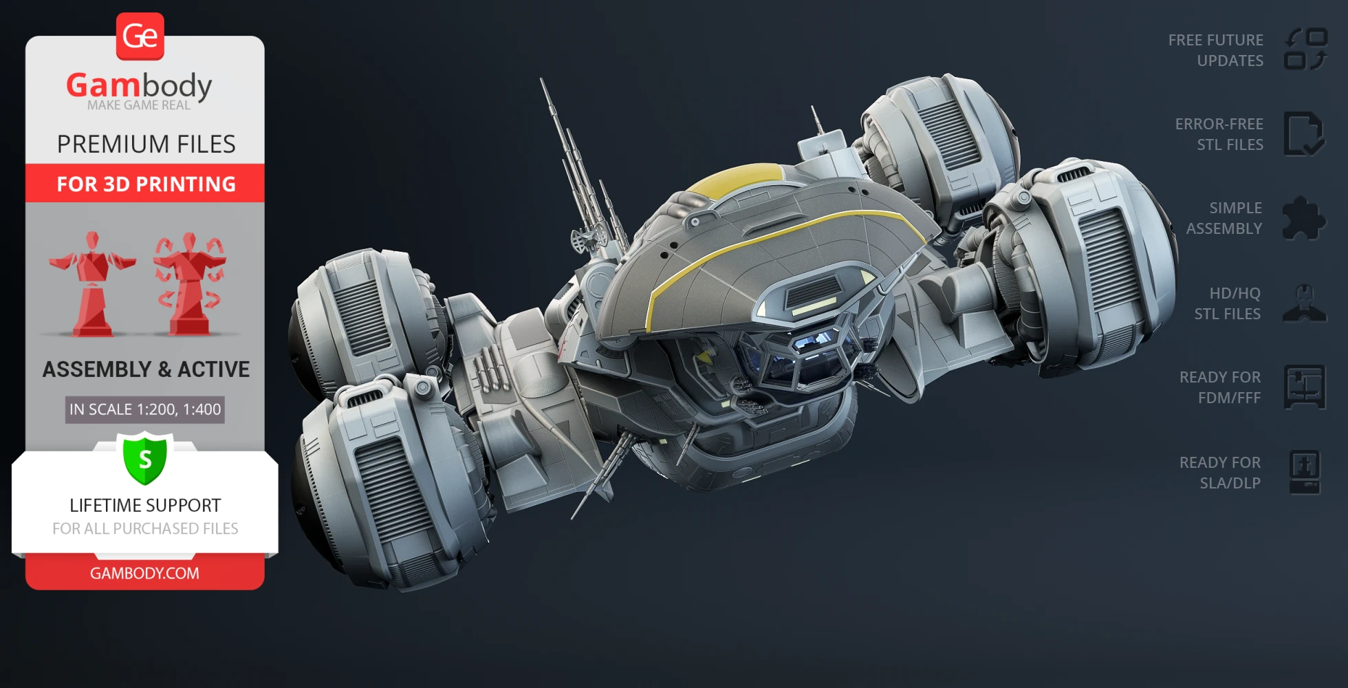 Detailed 3D model of the USCSS Prometheus spaceship for 3D printing, highlighting assembly features.