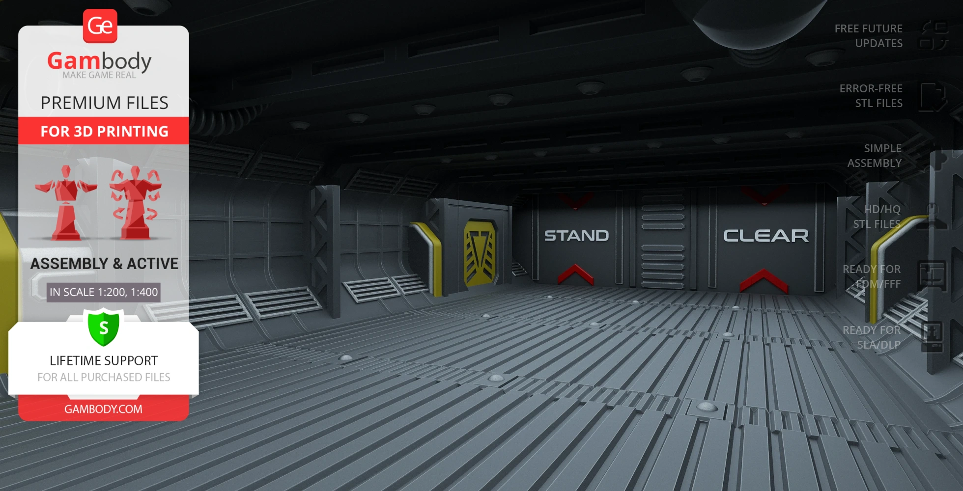 Interior of a futuristic spacecraft with industrial design, labeled 'STAND' and 'CLEAR' on walls.