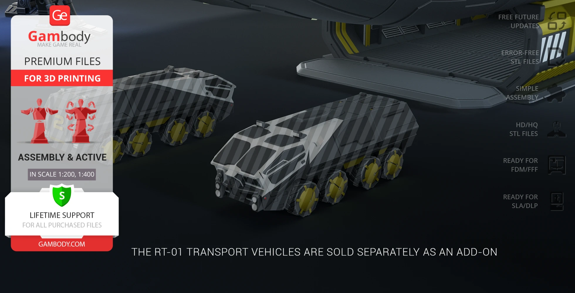 Two futuristic, armored transport vehicles under a spacecraft's open ramp.