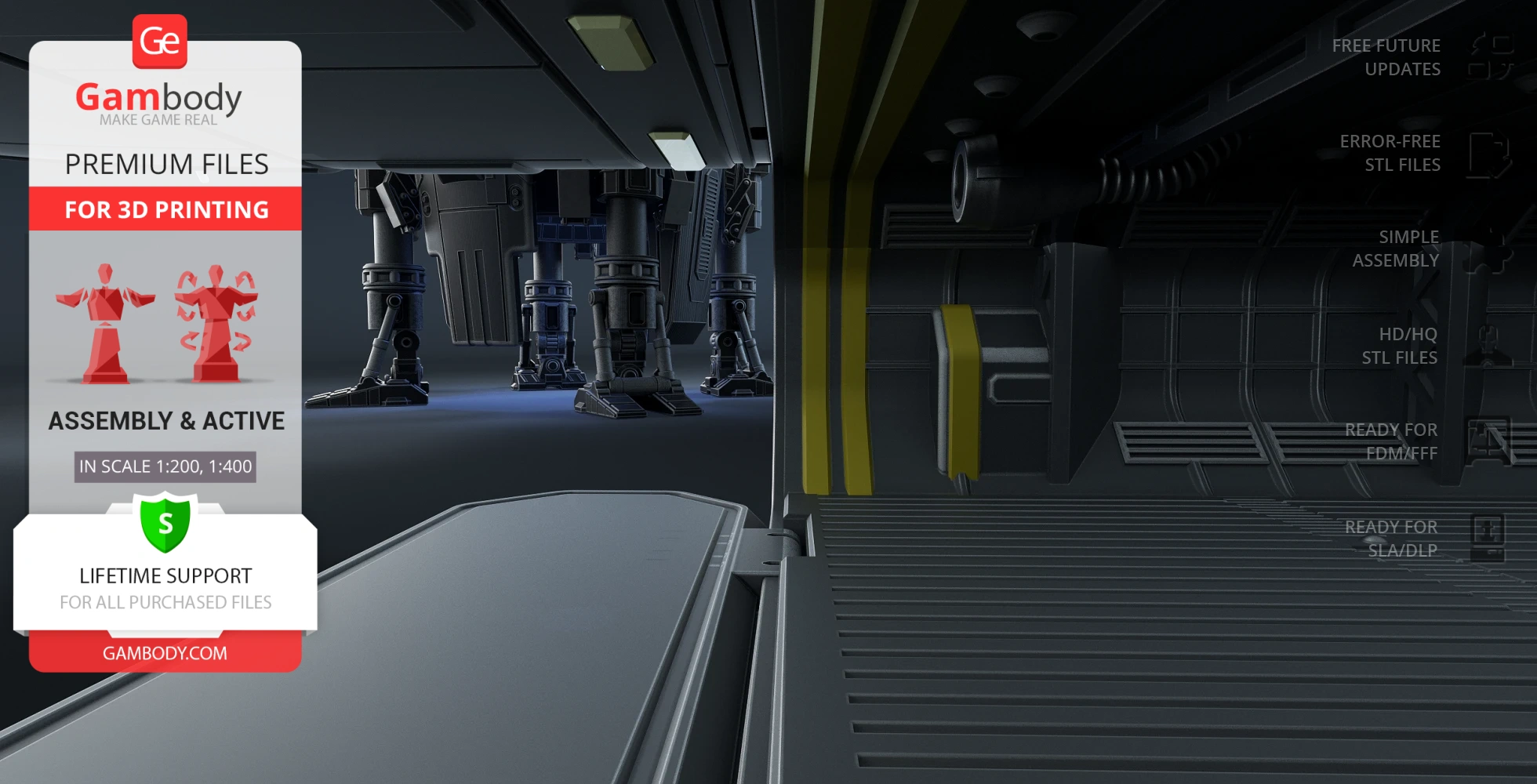 Interior view of a spaceship with technical details and Gambody's 3D printing offer displayed.