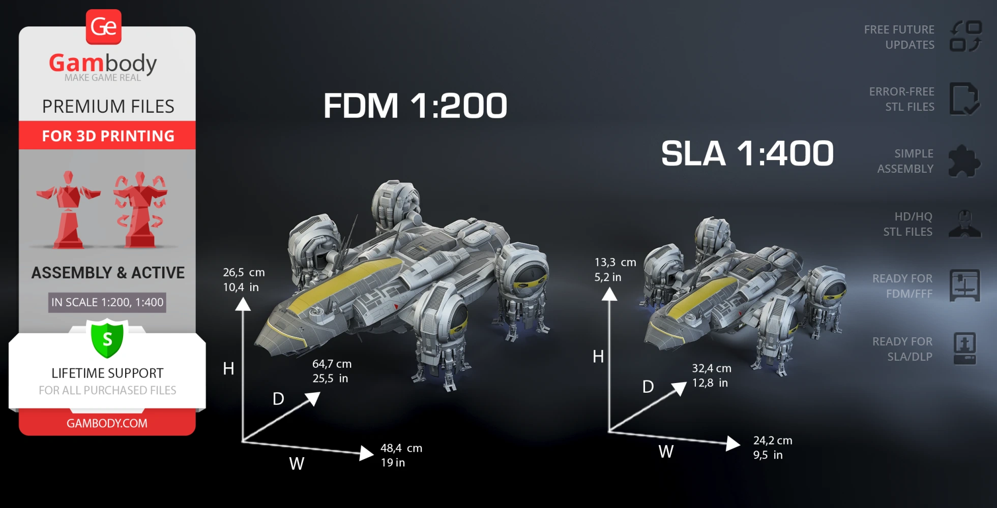 Two detailed 3D models of the USCSS Prometheus spaceship, scaled for 3D printing in FDM 1:200 and SLA 1:400.