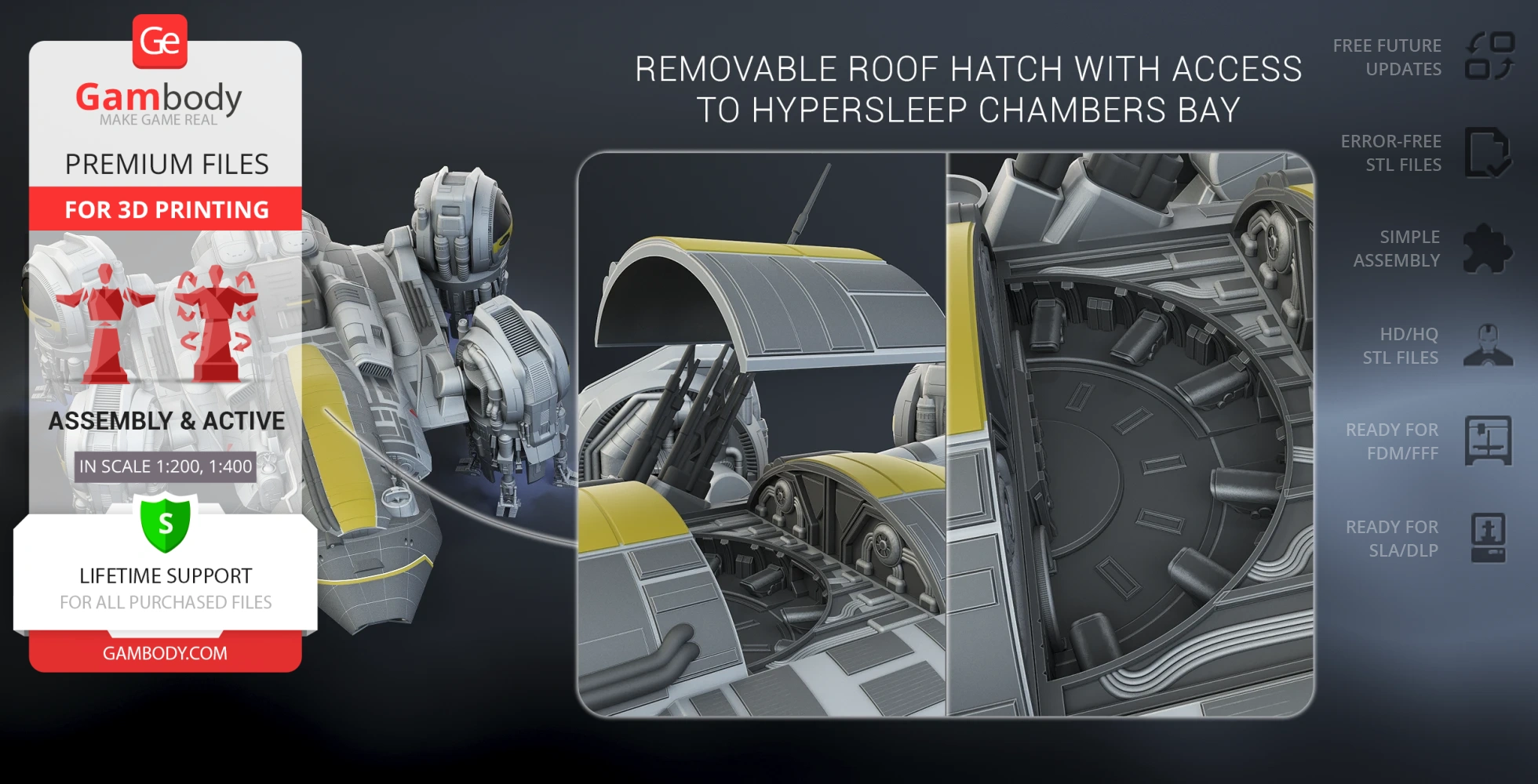 3D model of USCSS Prometheus with removable roof hatch, showing hypersleep chambers for 3D printing.