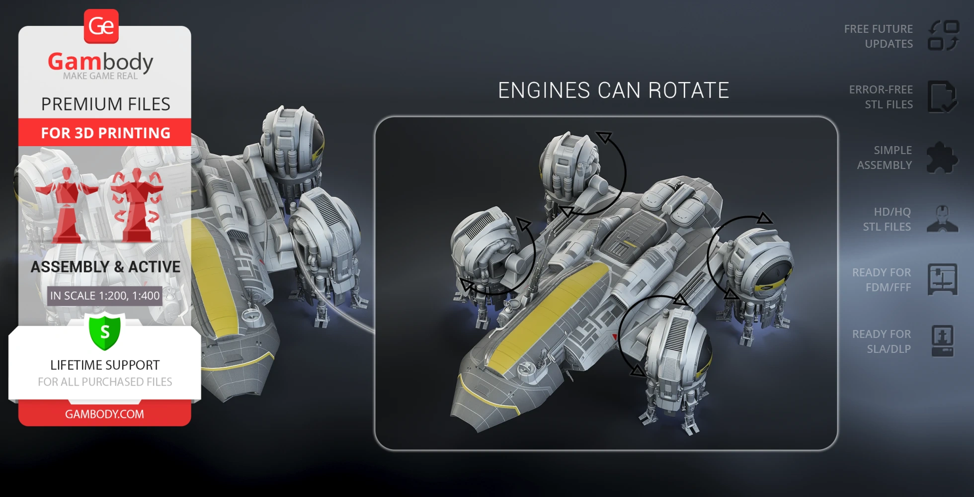 3D model of the USCSS Prometheus spaceship with rotatable engines for 3D printing.