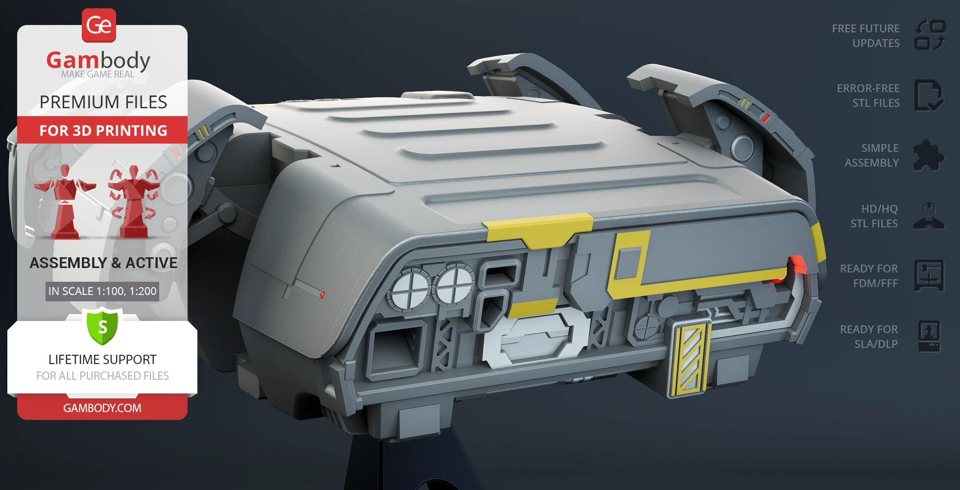 Futuristic spacecraft escape module 3D model, angled view with detailed mechanical features.