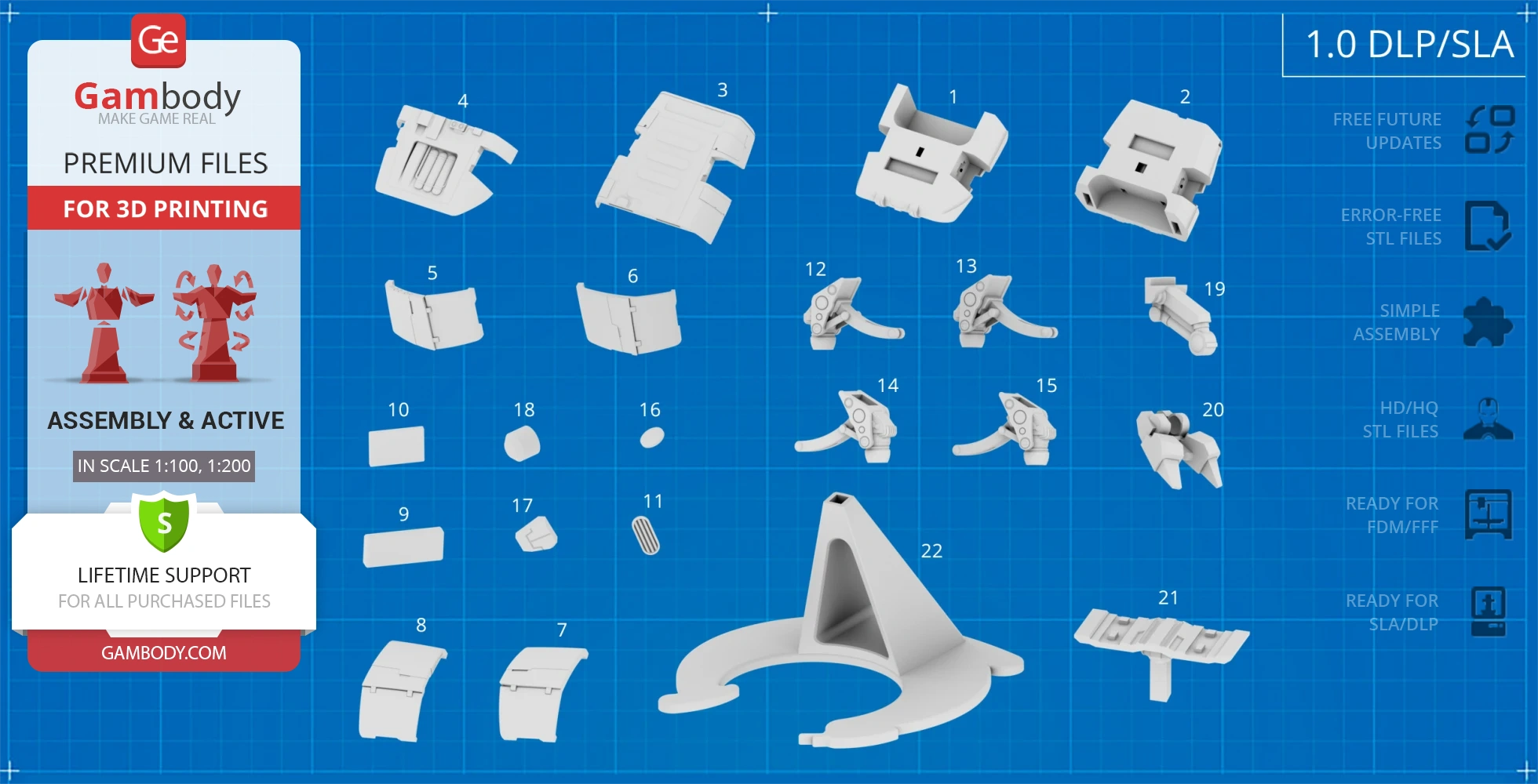 Blueprint with labeled 3D printer parts for Class D Crew Escape Module model from Gambody.