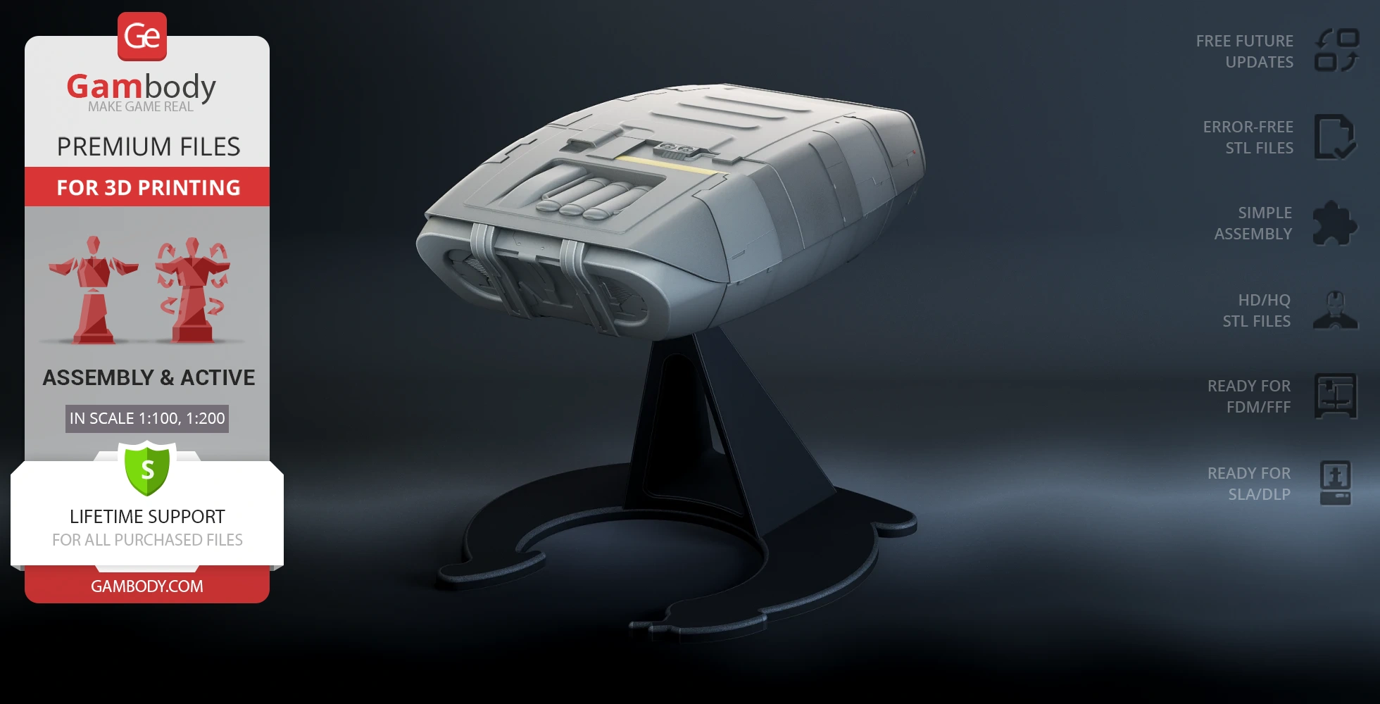 Futuristic escape pod model on a stand, designed for 3D printing by Gambody.