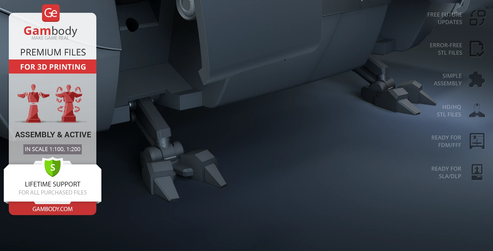 A close-up of a Class D escape module model showing detailed landing legs for 3D printing.