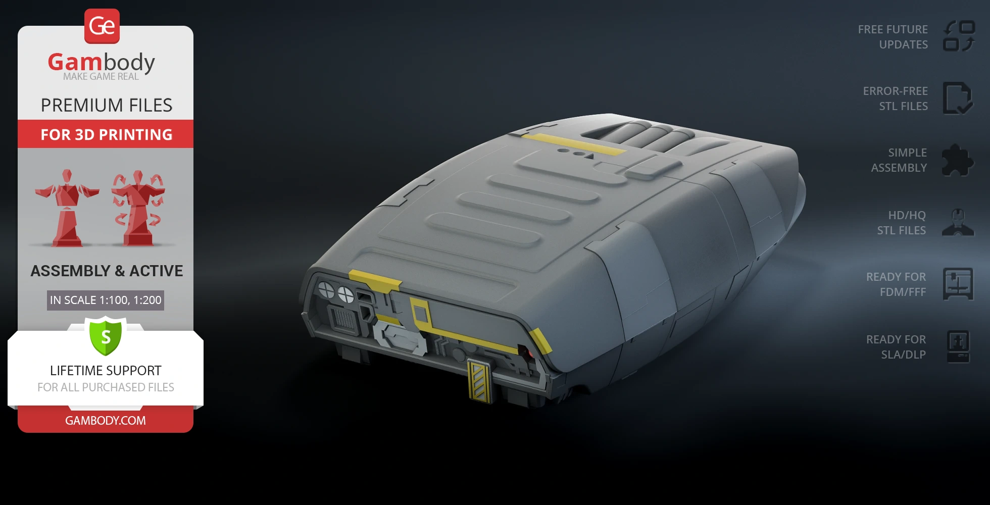 Futuristic gray escape module model with geometric details, ready for 3D printing.