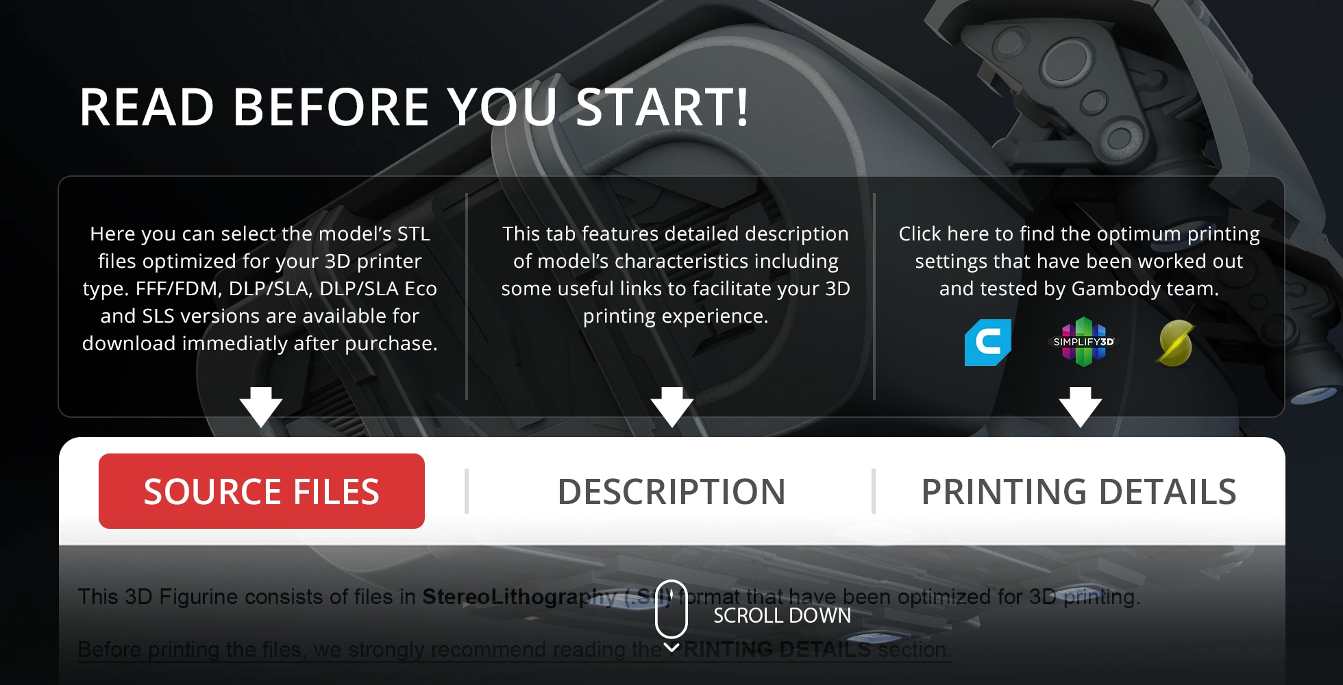 3D model download guideline screen with tabs for Source Files, Description, and Printing Details.