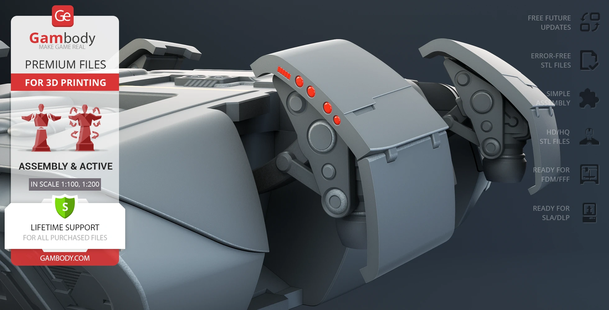 A detailed 3D model of a futuristic escape module with mechanical arm features and red accents.