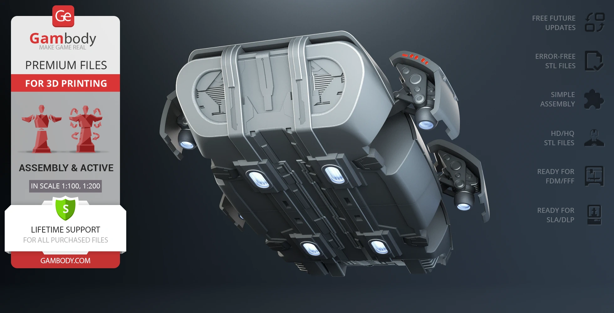 Futuristic escape module 3D model, featuring detailed sci-fi design and thrusters, suitable for 3D printing.