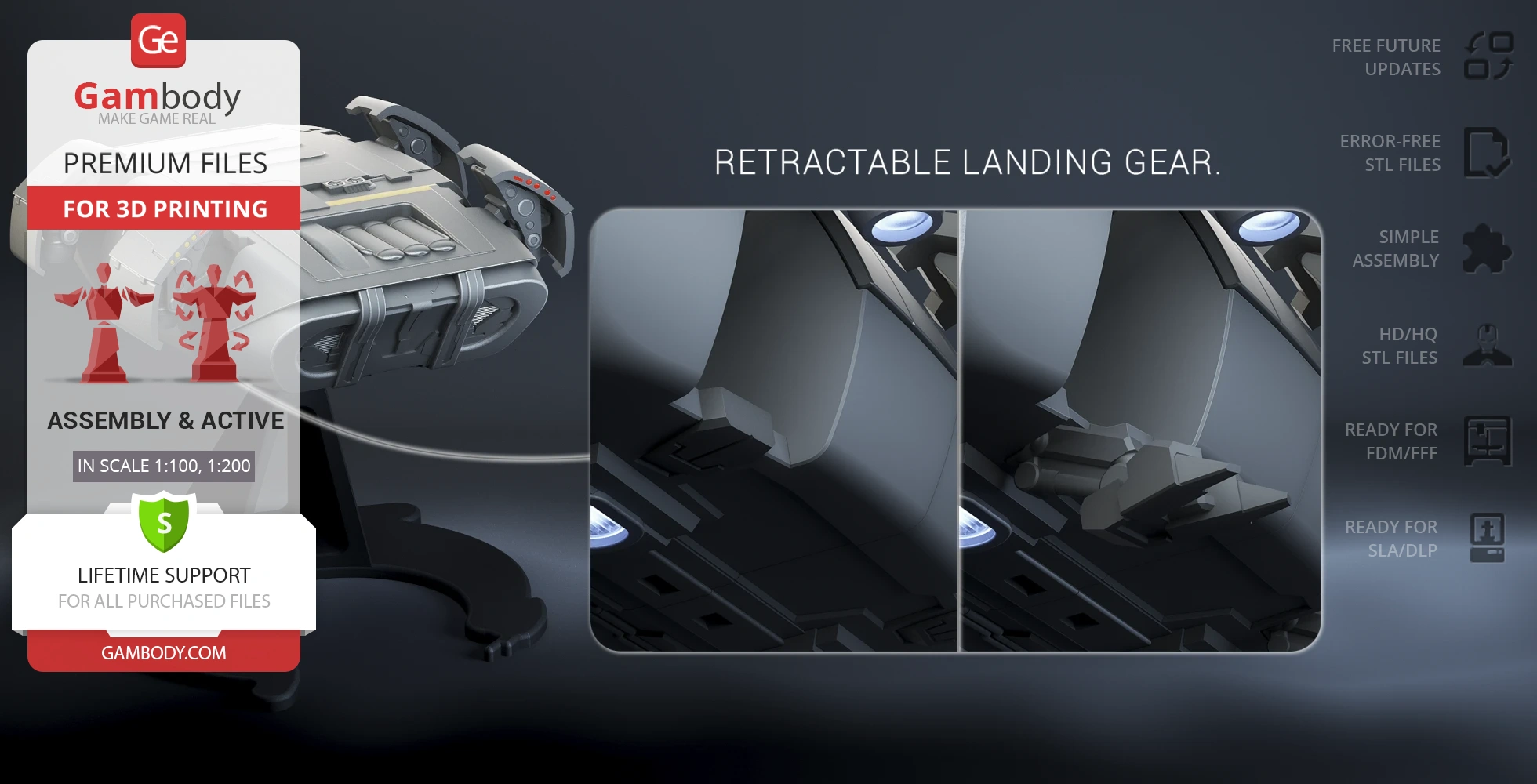 3D model of a Class D Crew Escape Module with retractable landing gear for 3D printing.