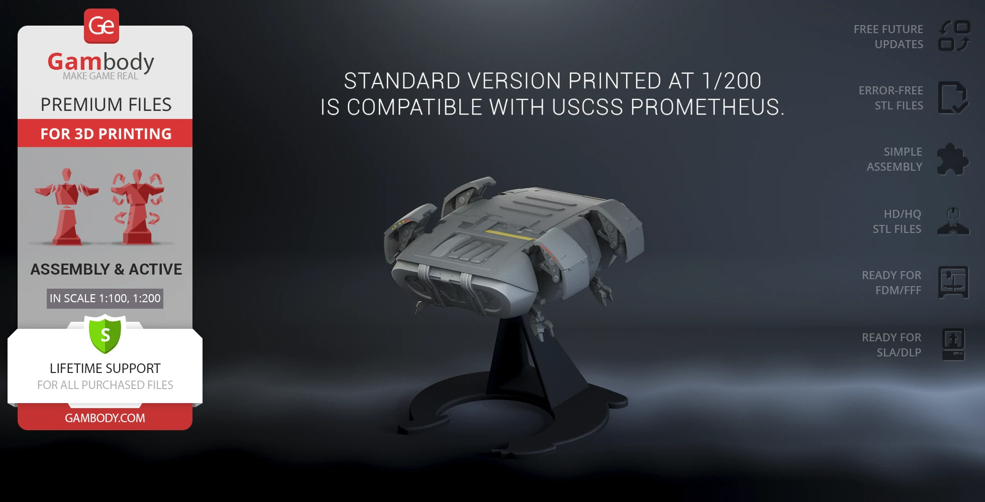 A detailed 3D model of a Class D Crew Escape Module on a stand, ready for 3D printing.