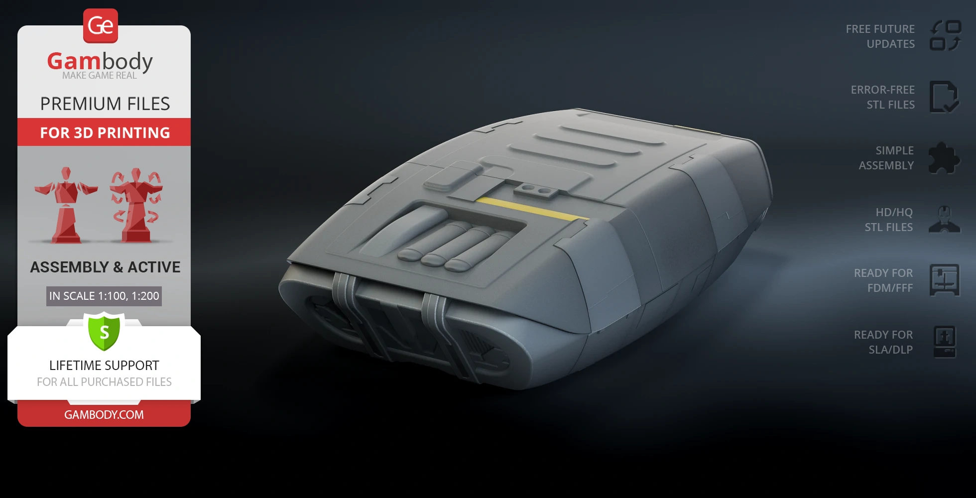 Futuristic, detailed escape module design suitable for 3D printing, with assembly instructions and support.