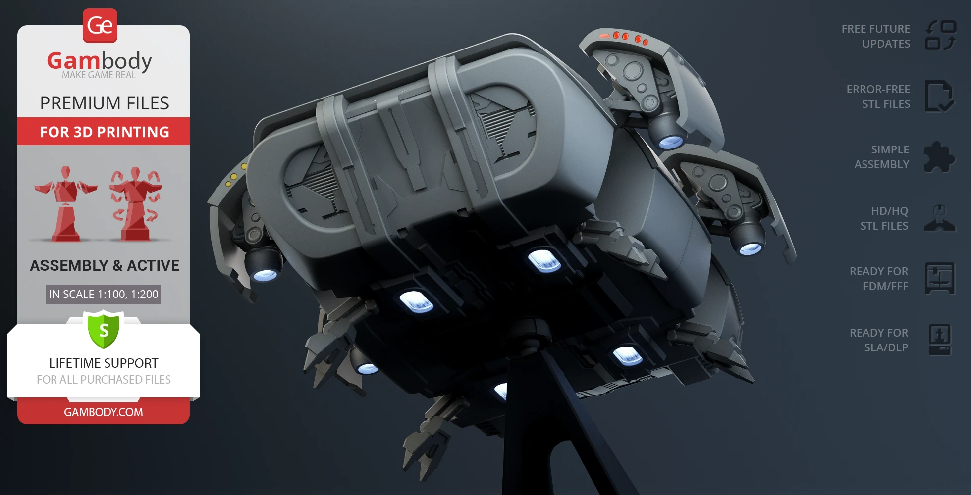 Futuristic escape module 3D model, angled view, with intricate details and thrusters on the underside.