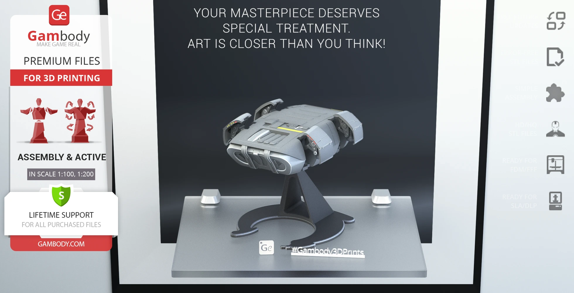 3D model of a futuristic escape module on a display stand, designed for 3D printing.