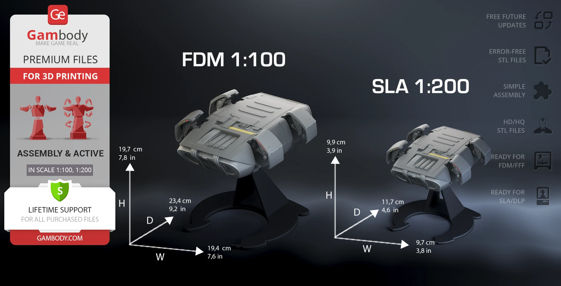 A futuristic, compact escape module model with detailed panels and thrusters, shown in two scales for 3D printing.