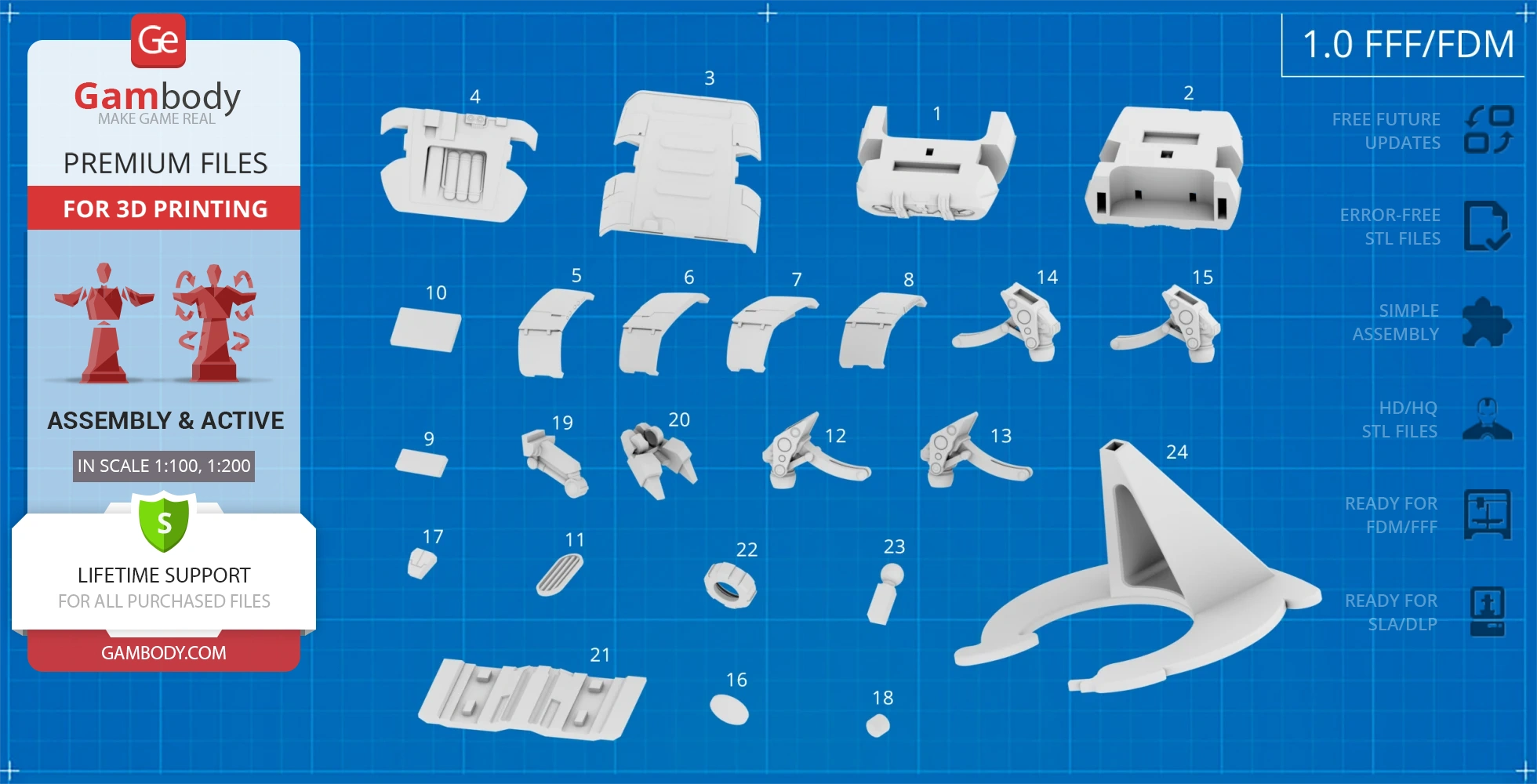 3D model parts for Class D Crew Escape Module, labeled and displayed on a blueprint background.