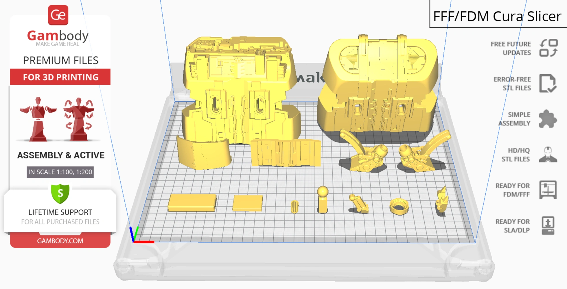 3D printer files of a Class D Crew Escape Module with various yellow components displayed on a grid.