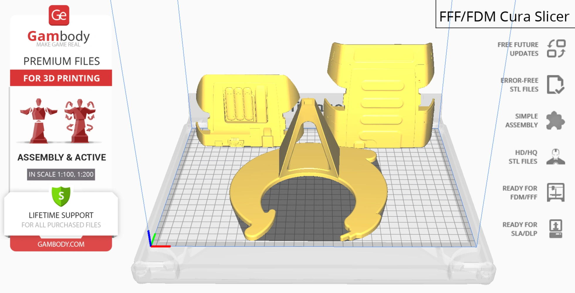 Yellow 3D model parts of a Class D Crew Escape Module arranged on a virtual print bed for assembly.