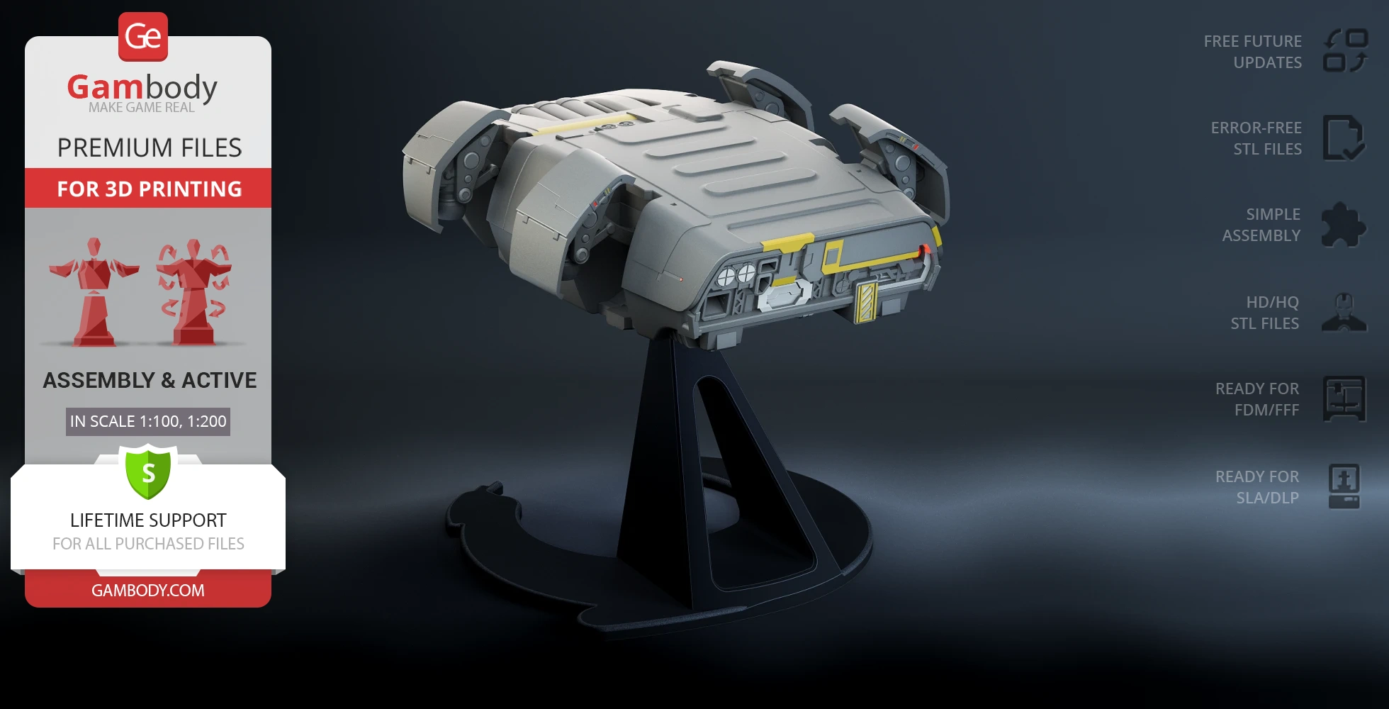 Futuristic escape module model on a stand, featuring detailed mechanical components for 3D printing.