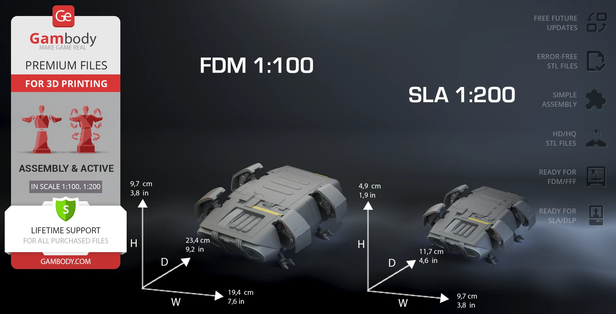 Futuristic Class D Escape Module models for 3D printing, scales 1:100 (FDM) and 1:200 (SLA).