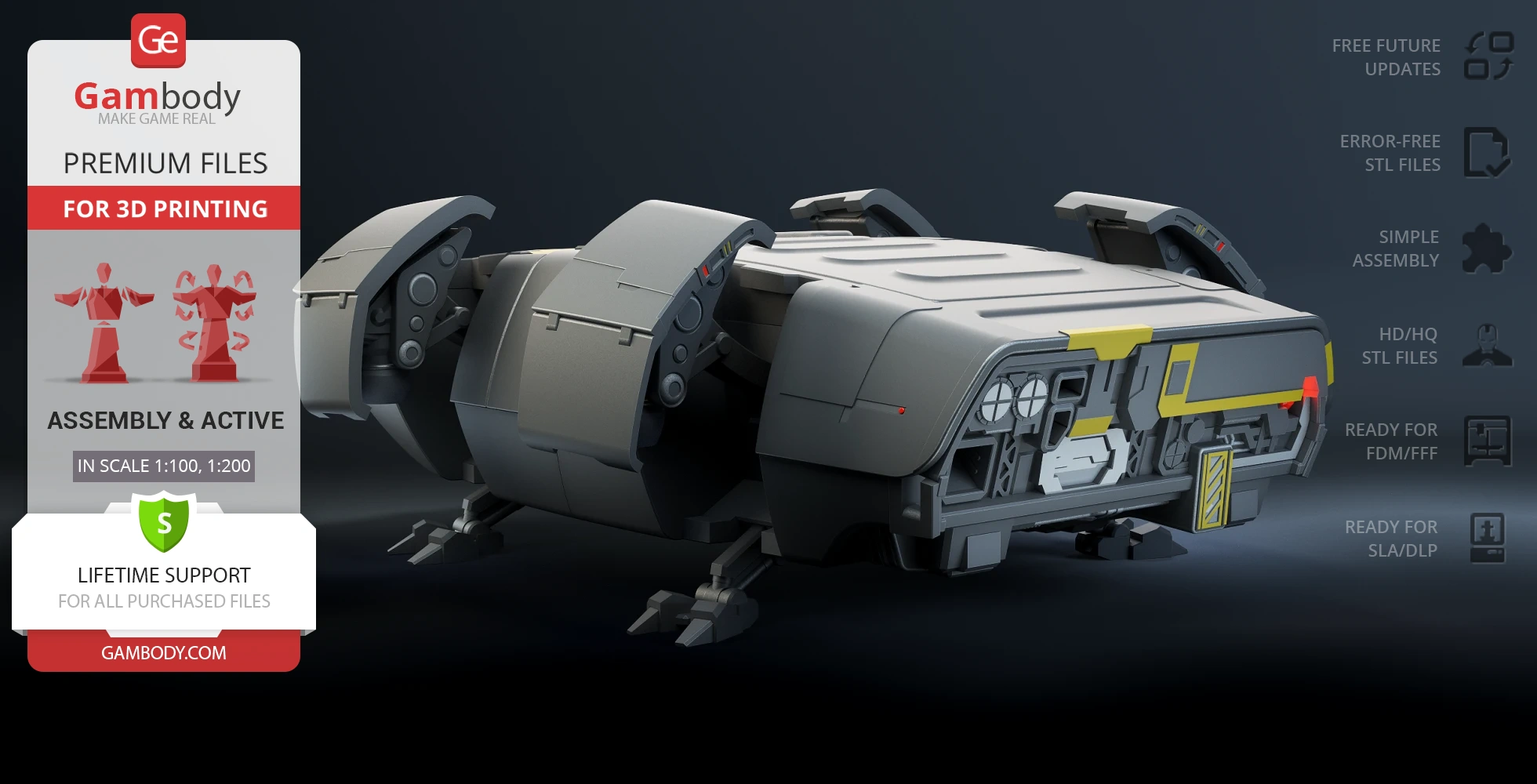 Futuristic escape module model with mechanical details for 3D printing, shown with assembly options.